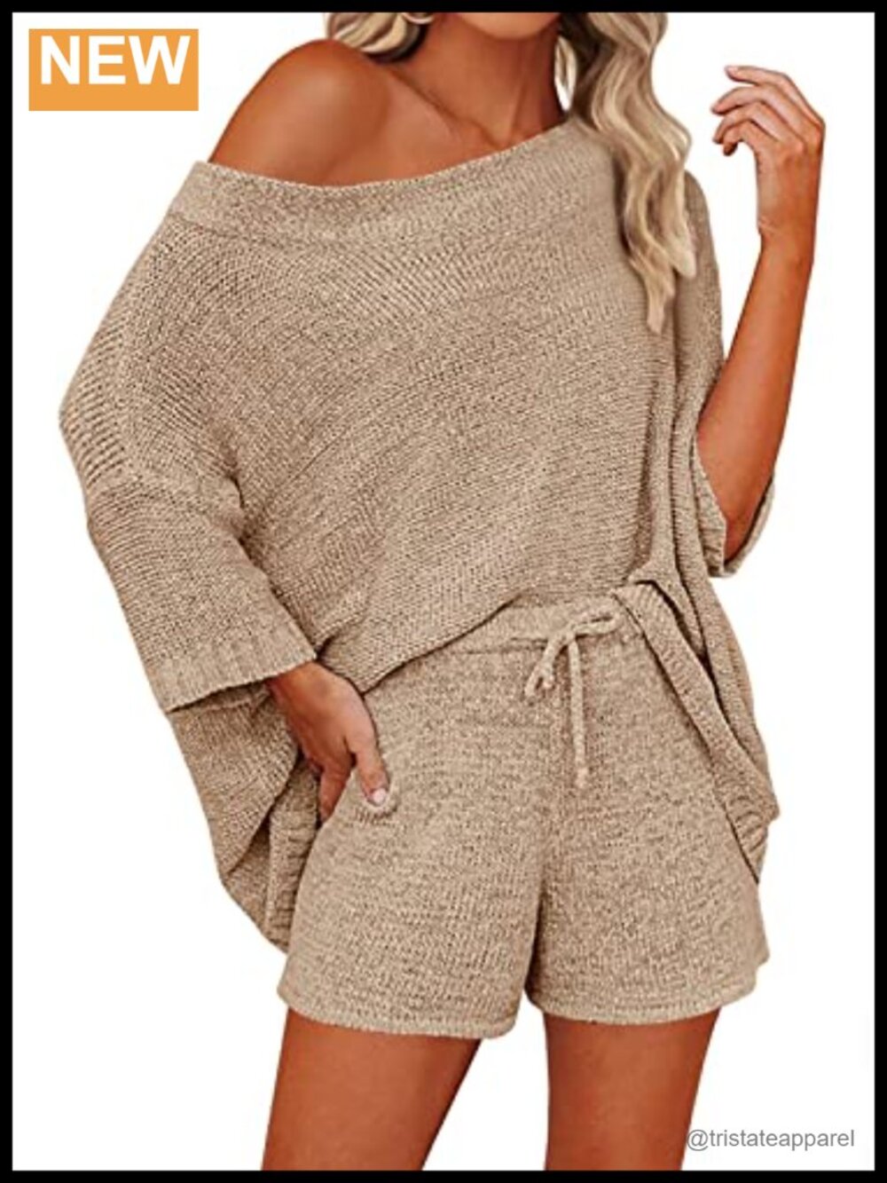Off Shoulder Knit Top and Shorts Set Polyester Spandex Loungewear